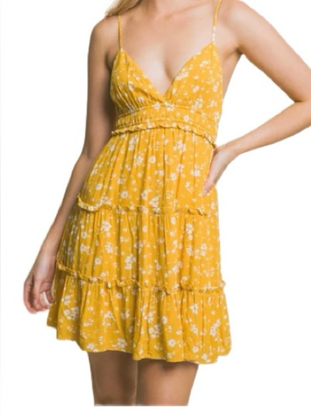 Japna Sunshine Yellow Floral Tiered Spaghetti-Strap Mini Dress Size Small